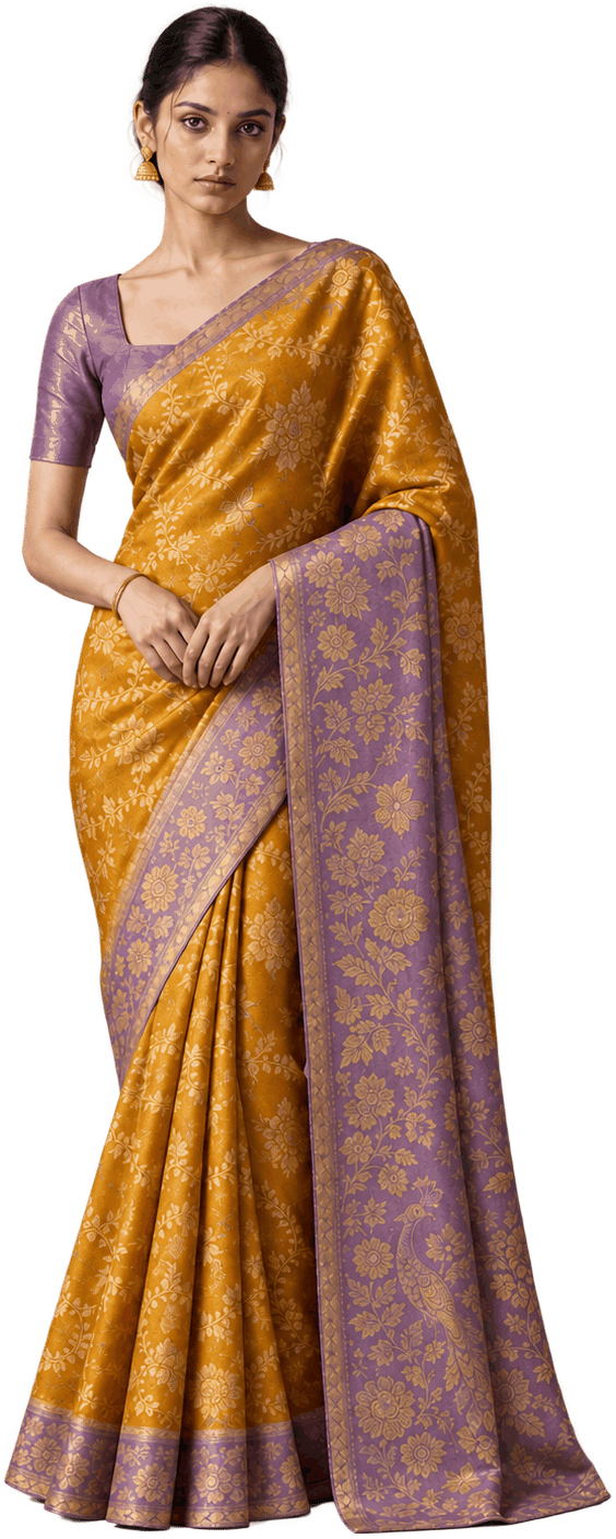 Model wearing a gold handwoven saree with a lavender floral border